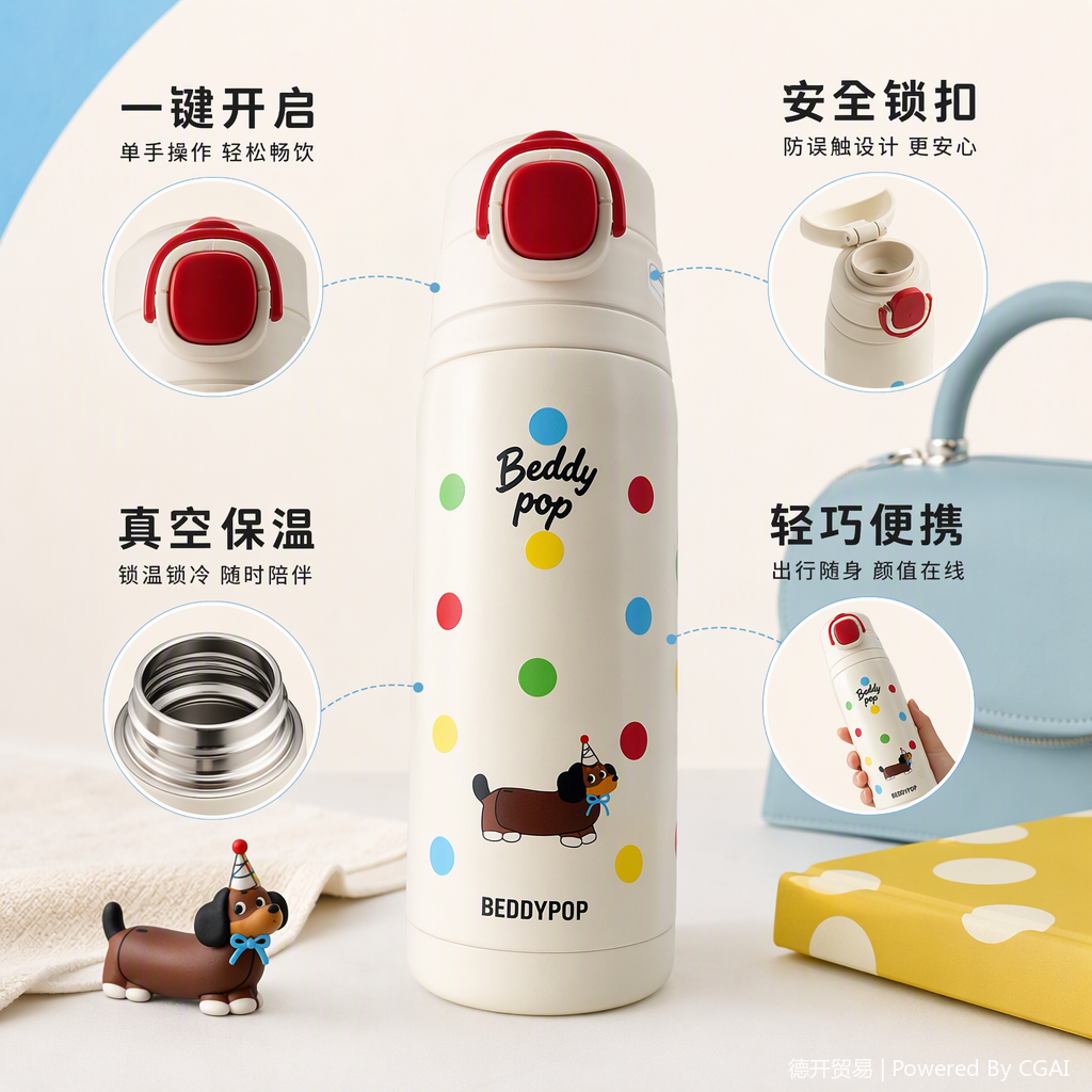 Cute puppy, colorful polka dot insulated cup, white stainless steel portable warm water cup for students as a gift