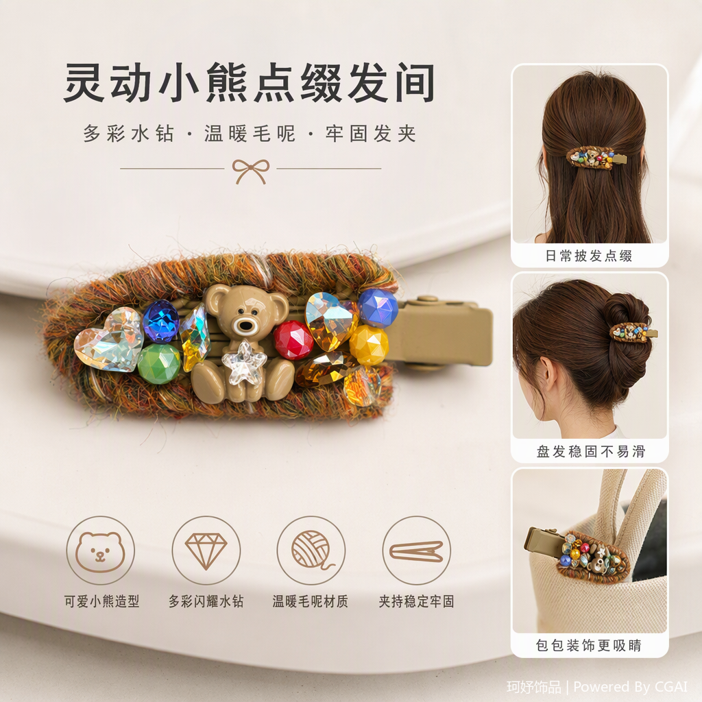 Colorful woolen hair clips, bear multi-color gemstone decorations, cute hair accessories, children's hair accessories, headwear accessories