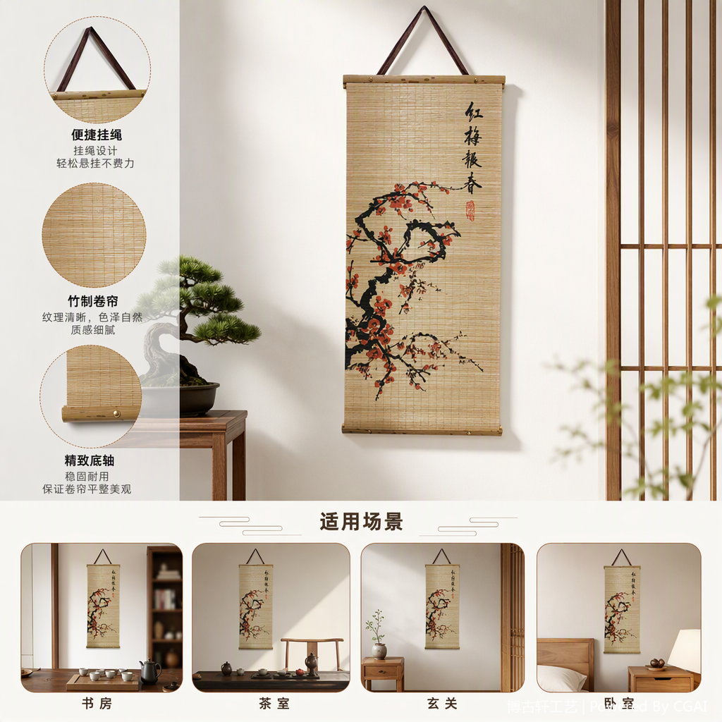 竹制卷轴挂画红梅枝干花朵书法印章春意盎然装饰品艺术挂饰