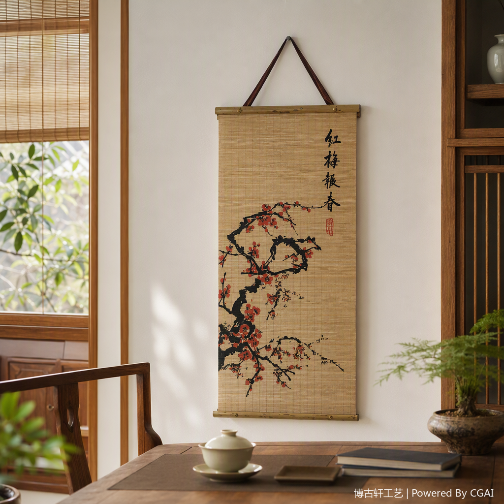竹制卷轴挂画红梅枝干花朵书法印章春意盎然装饰品艺术挂饰产品图