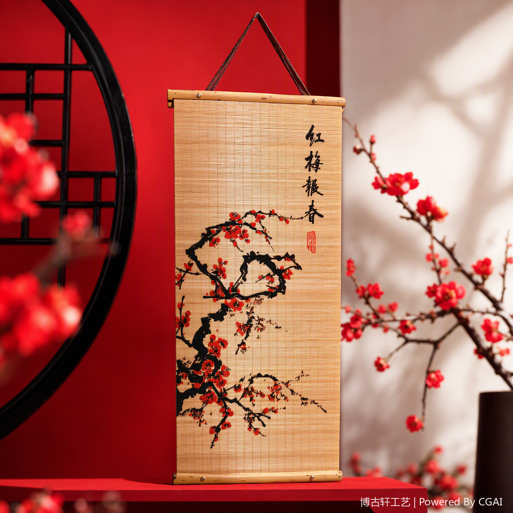 竹制卷轴挂画红梅枝干花朵书法印章春意盎然装饰品艺术挂饰细节图