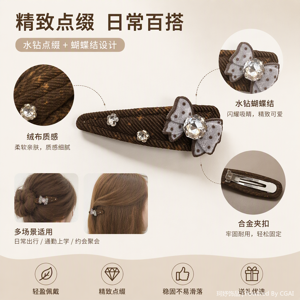 Fashionable butterfly crystals adorn brown striped hair clips and elegant hair accessory grey card display