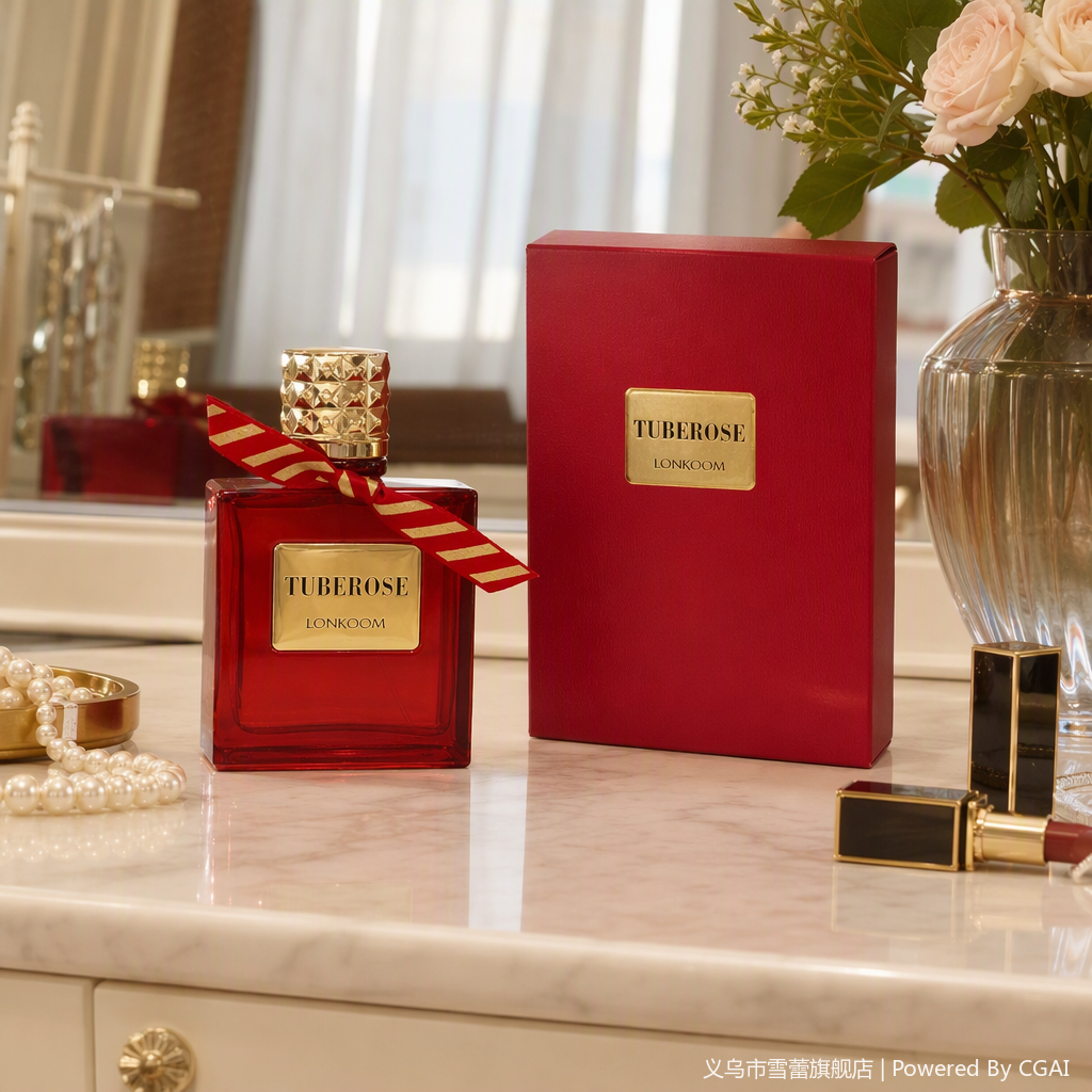 Red square glass perfume bottle, golden diamond-shaped cap, red and gold striped ribbon, matching color series gift box, golden label perfume set details Picture