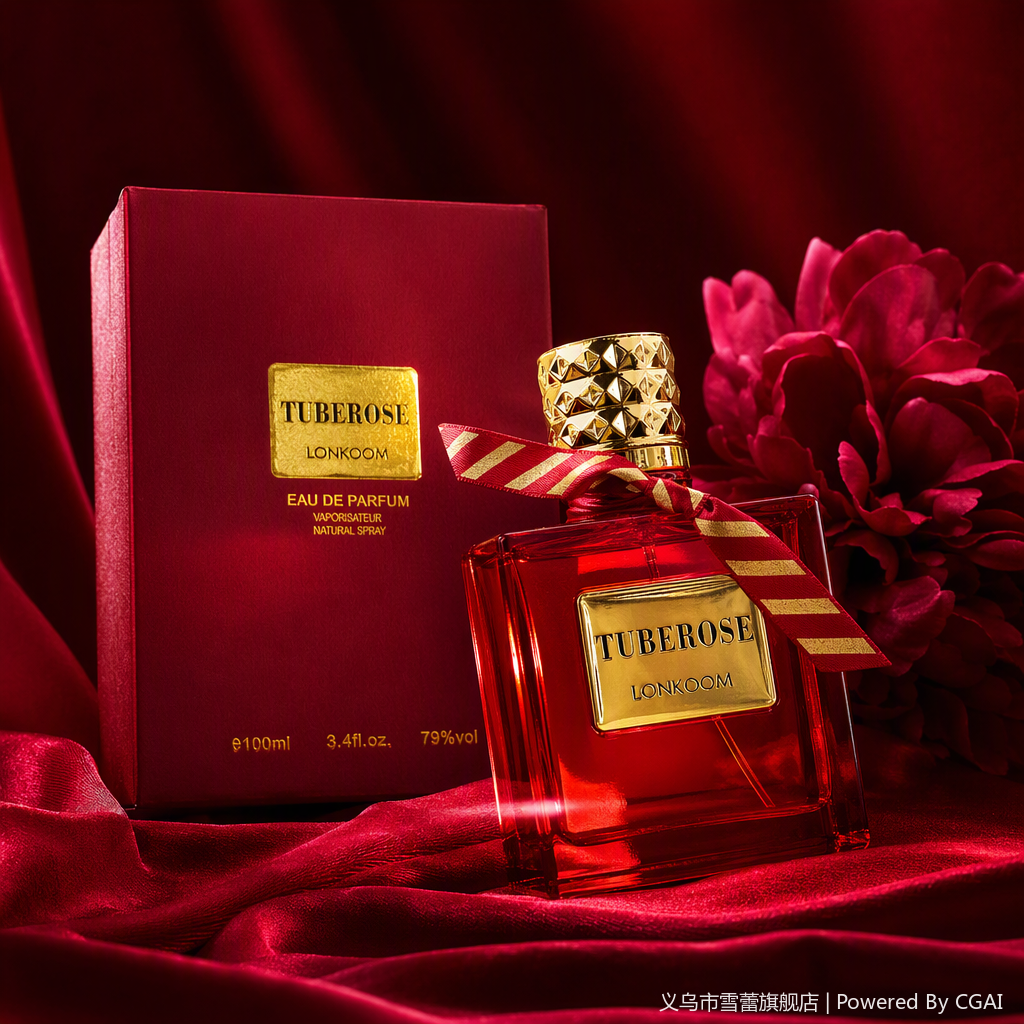 Red square glass perfume bottle, golden diamond-shaped cap, red and gold striped ribbon, matching color series gift box, golden label perfume set Specification image