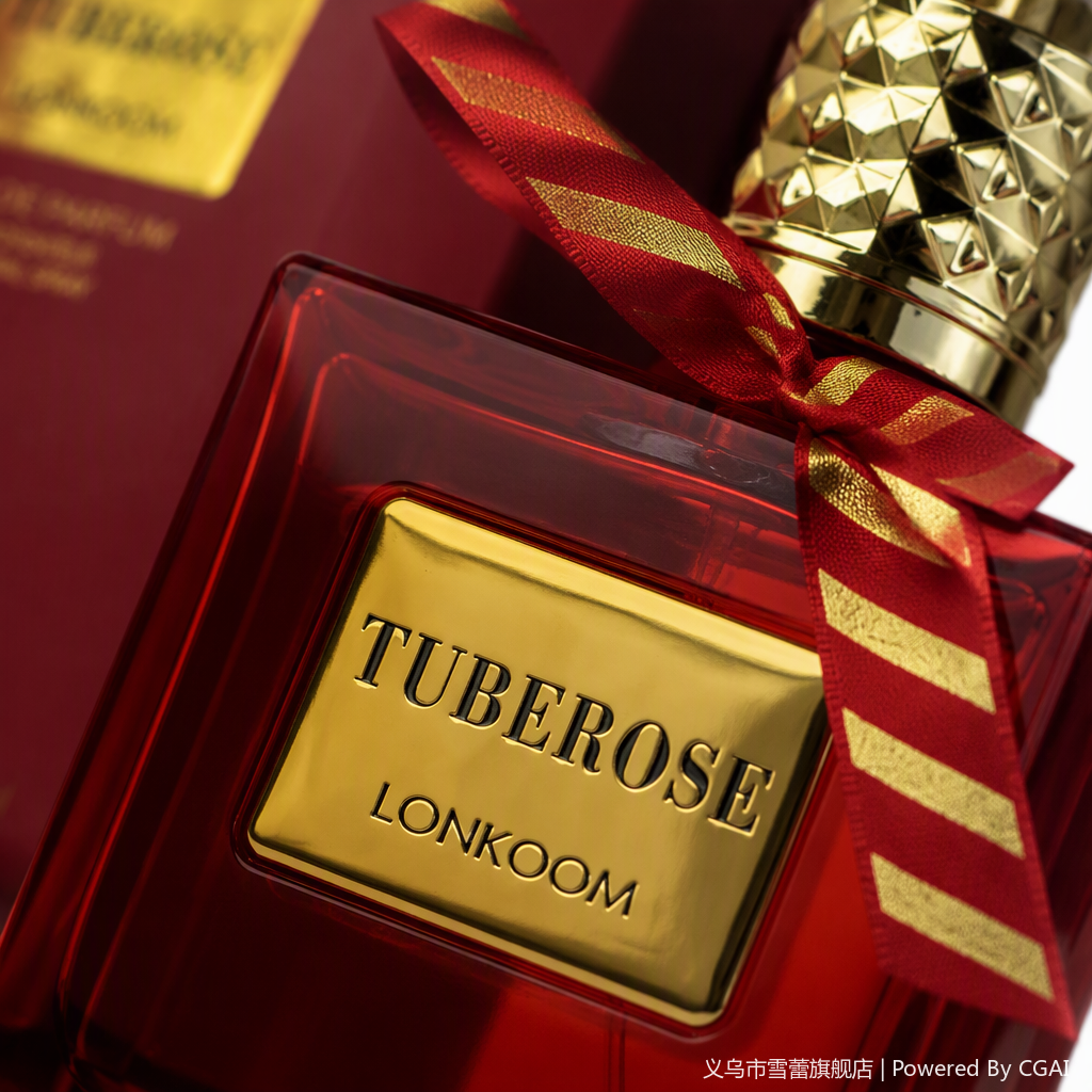Red square glass perfume bottle, golden diamond-shaped cap, red and gold striped ribbon, matching color series gift box, golden label perfume set Application Scenario