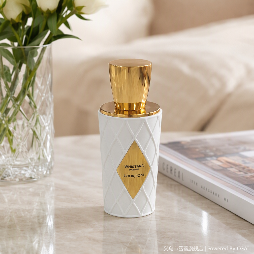 A fashionable, elegant and exquisite cosmetic container with a white diamond-patterned perfume bottle and a golden cap details Picture