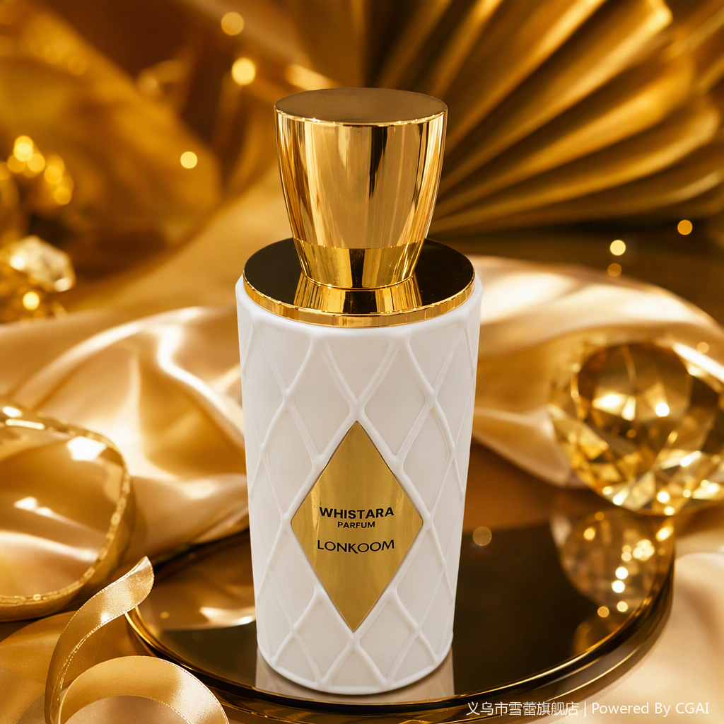 A fashionable, elegant and exquisite cosmetic container with a white diamond-patterned perfume bottle and a golden cap Specification image