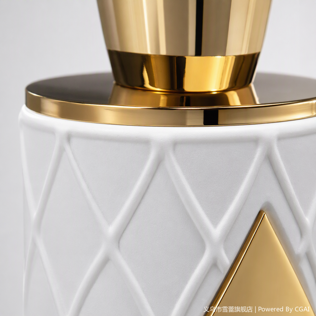 A fashionable, elegant and exquisite cosmetic container with a white diamond-patterned perfume bottle and a golden cap Application Scenario