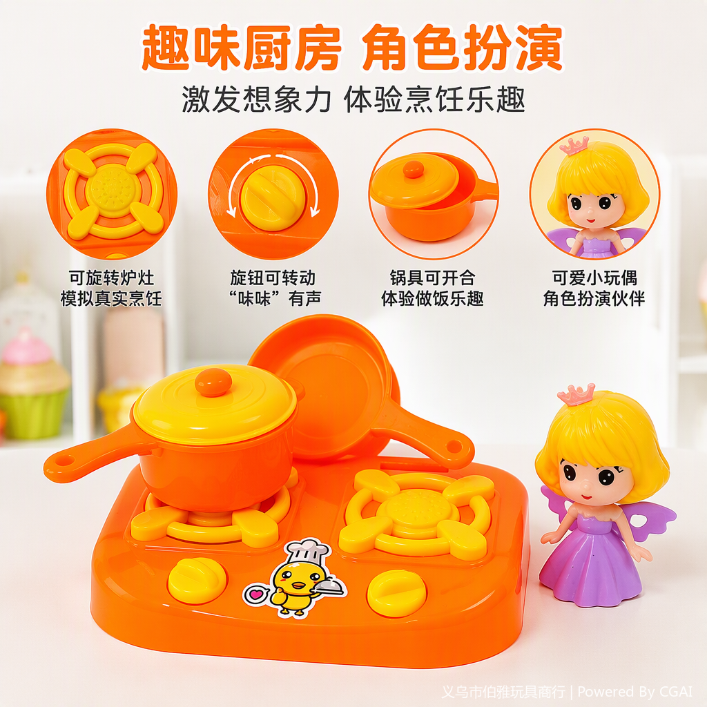Orange toy stove with yellow burner, two types of pot LIDS, small dolls with golden hair and purple skirts, children's kitchen toy set