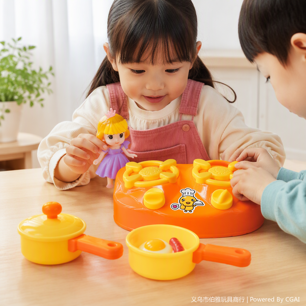 Orange toy stove with yellow burner, two types of pot LIDS, small dolls with golden hair and purple skirts, children's kitchen toy set details Picture