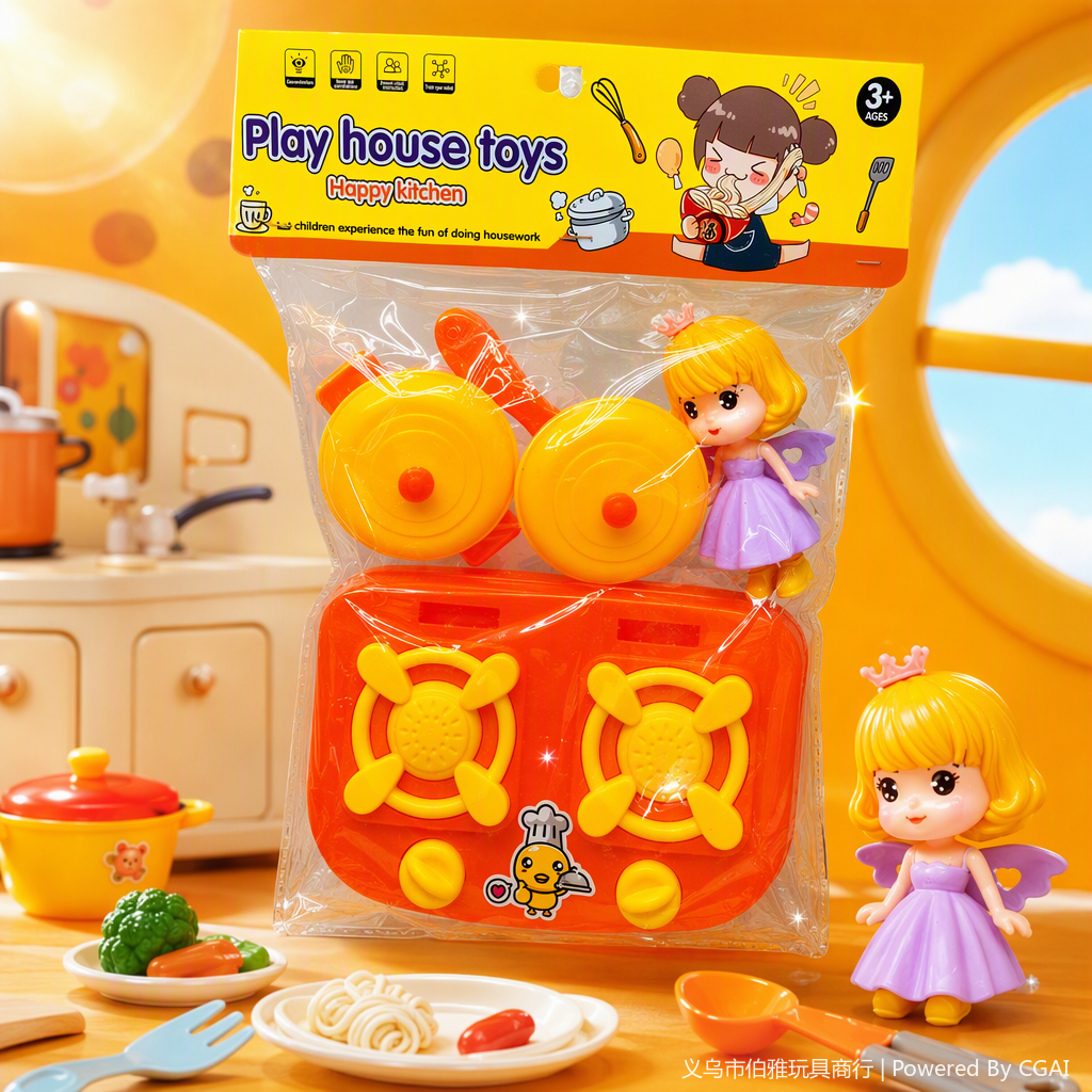 Orange toy stove with yellow burner, two types of pot LIDS, small dolls with golden hair and purple skirts, children's kitchen toy set Specification image