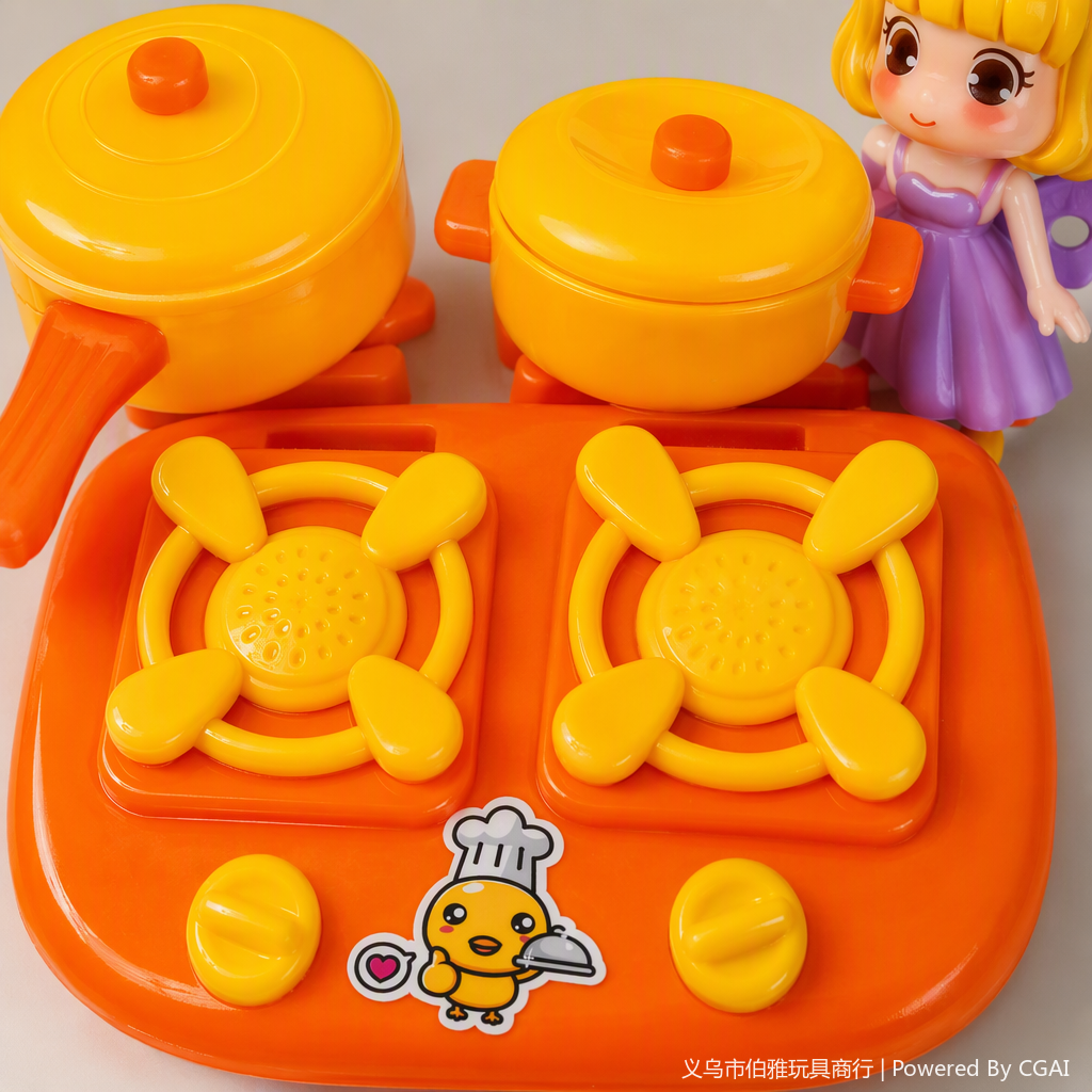 Orange toy stove with yellow burner, two types of pot LIDS, small dolls with golden hair and purple skirts, children's kitchen toy set Application Scenario