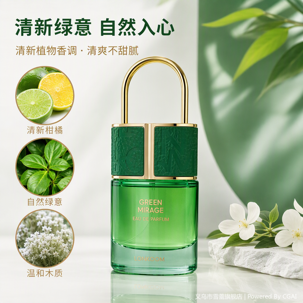 LONKOOM GREEN MIRAGE perfume bottle with green and gold color scheme, long-lasting fragrance, elegant and fashionable fragrance gift box