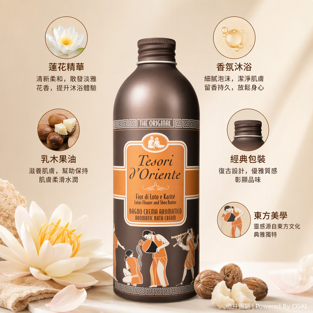 Tesori d 'Oriente Ancient Greek Style Aromatic Bath Lotion Brown bottle Moisturizing and hydrating Aromatic Bath liquid Fior di Loto e Karite