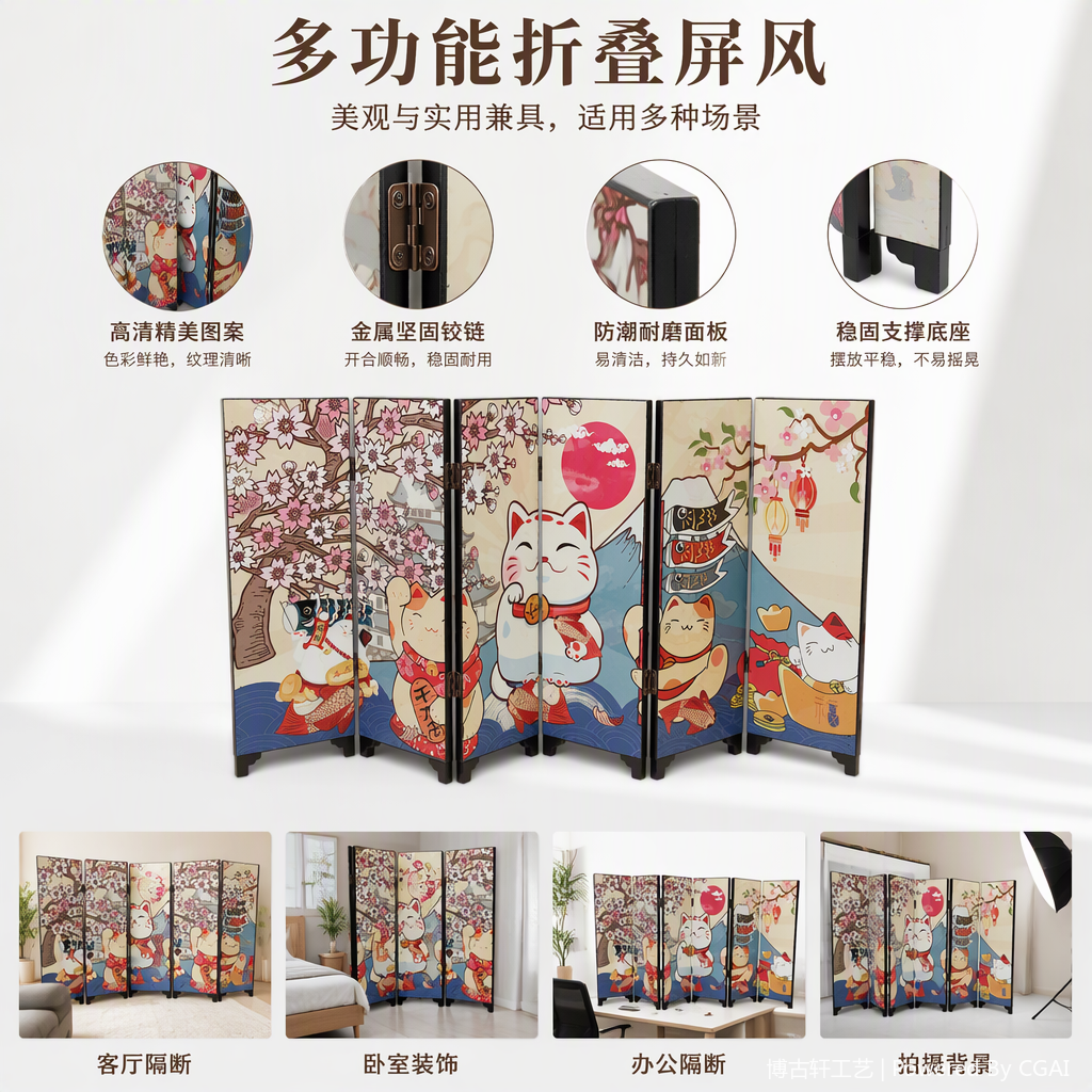 彩色招财猫主题折叠屏风多功能家居装饰隔断创意风格简约耐用