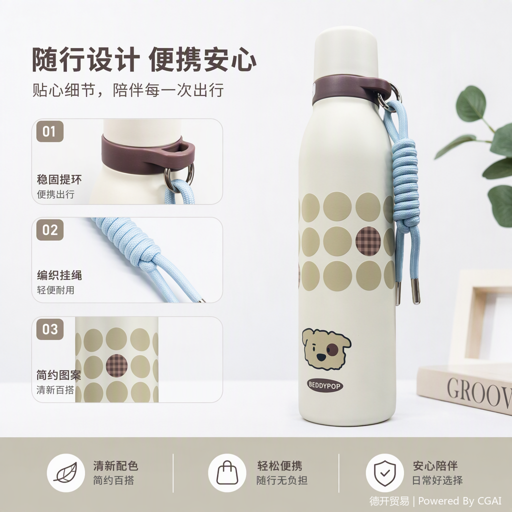 This is a creative portable water bottle for students and adults. It features a beige water cup with brown polka dot checkered decoration, cartoon dog stickers and a blue rope pendant