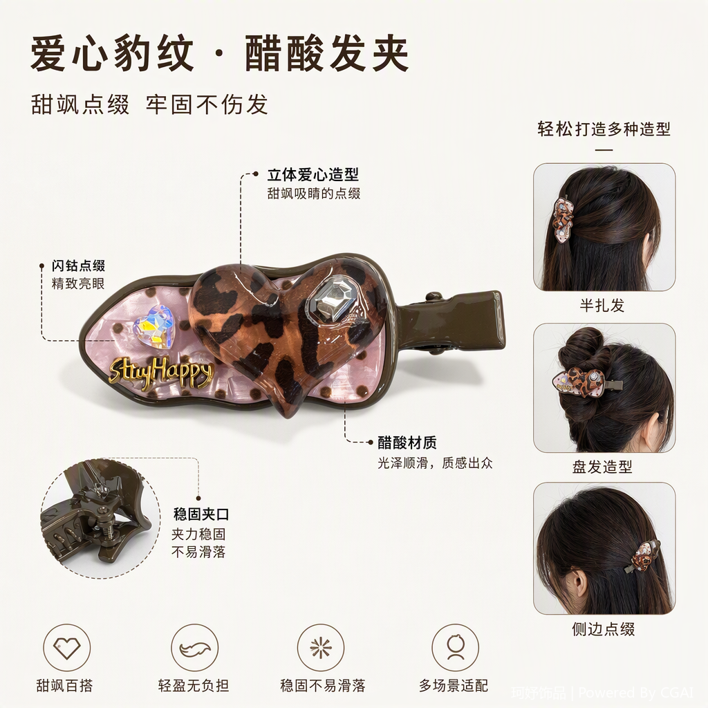 Fashionable leopard print heart-shaped hair clips, sweet and cute hair accessories, hairstyle decoration, and trendy hair accessories