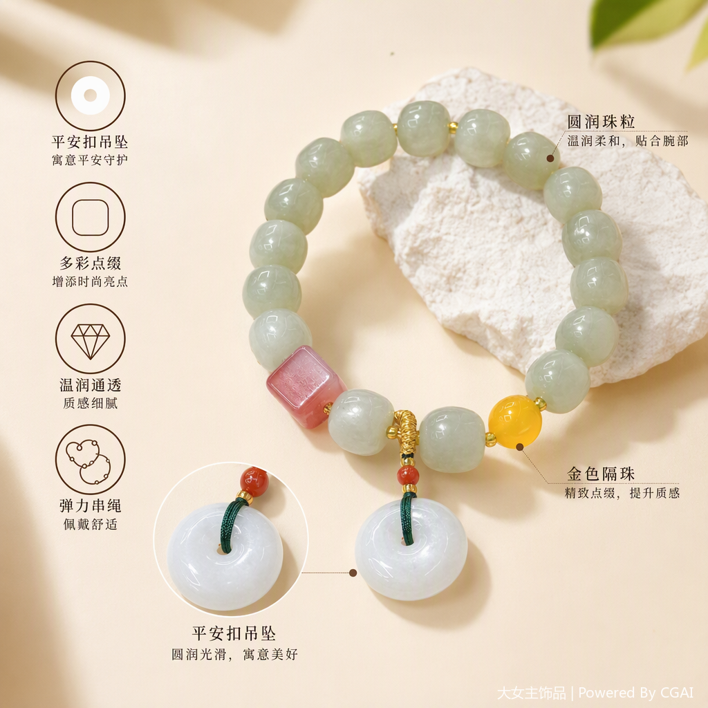Light green jade bead bracelet with red square beads, yellow round beads and white peace pendant, fashionable bracelet for men and women, natural jade jewelry gift