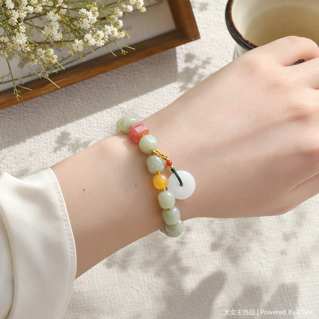 Light green jade bead bracelet with red square beads, yellow round beads and white peace pendant, fashionable bracelet for men and women, natural jade jewelry gift details Picture