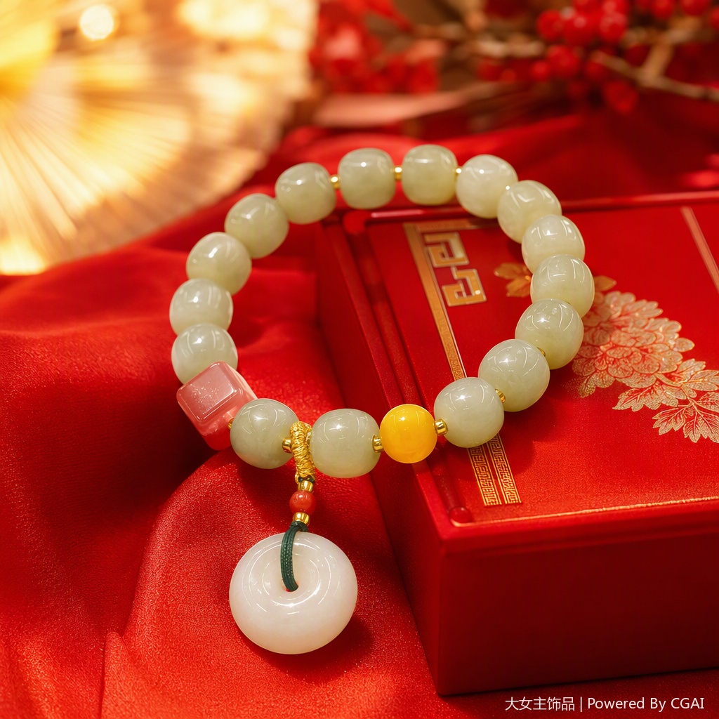 Light green jade bead bracelet with red square beads, yellow round beads and white peace pendant, fashionable bracelet for men and women, natural jade jewelry gift Specification image