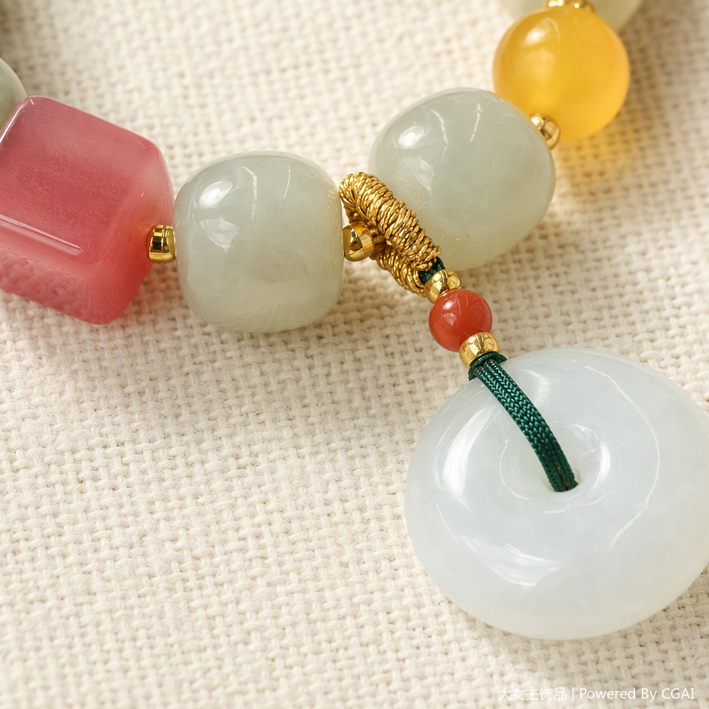 Light green jade bead bracelet with red square beads, yellow round beads and white peace pendant, fashionable bracelet for men and women, natural jade jewelry gift Application Scenario