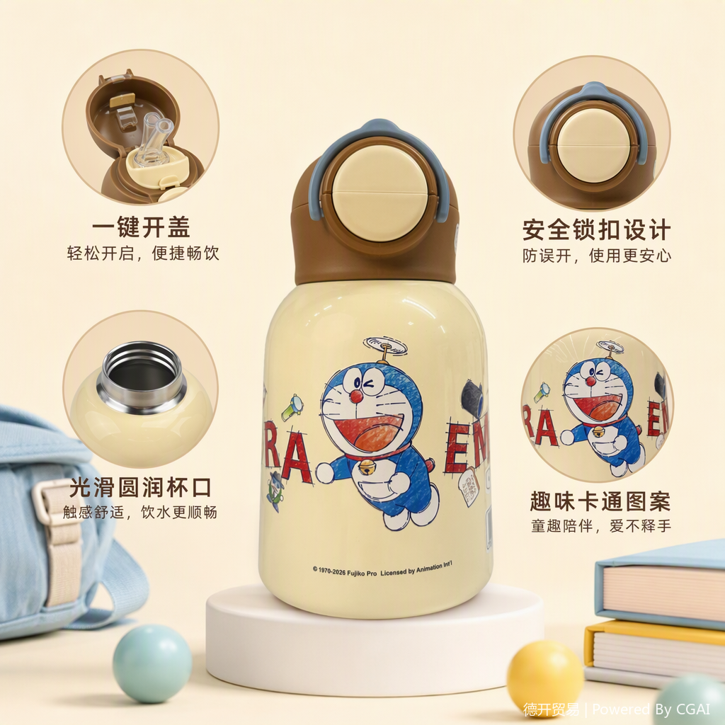 "Beigu Bear Doraemon Cartoon Water Cup Children's creative portable student drinking cup Yellow version with lid leak-proof, trendy and fashionable.