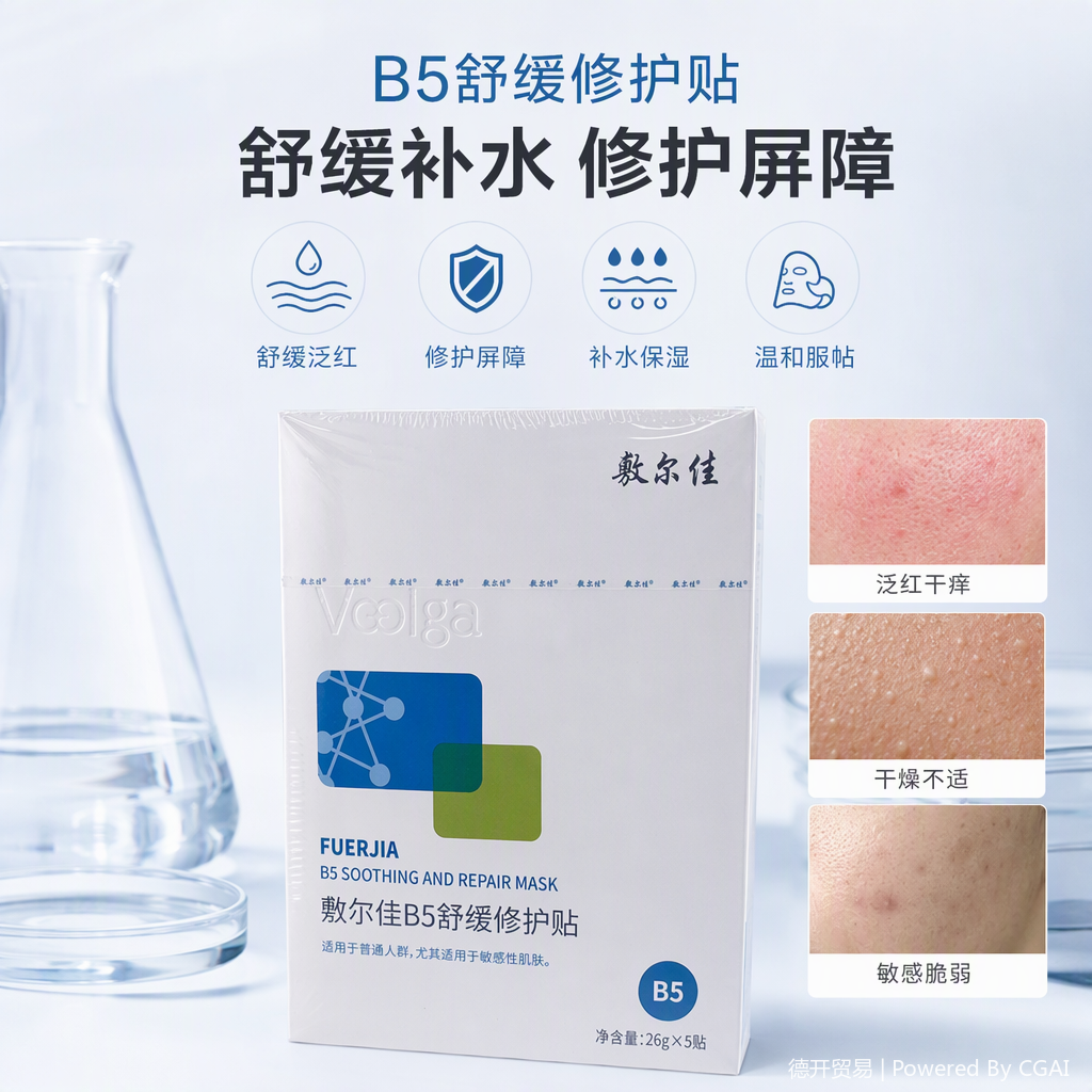 Fuerjia B5 Soothing Repair Patch comes in a white packaging box and is a gentle, hydrating and moisturizing care patch for sensitive skin