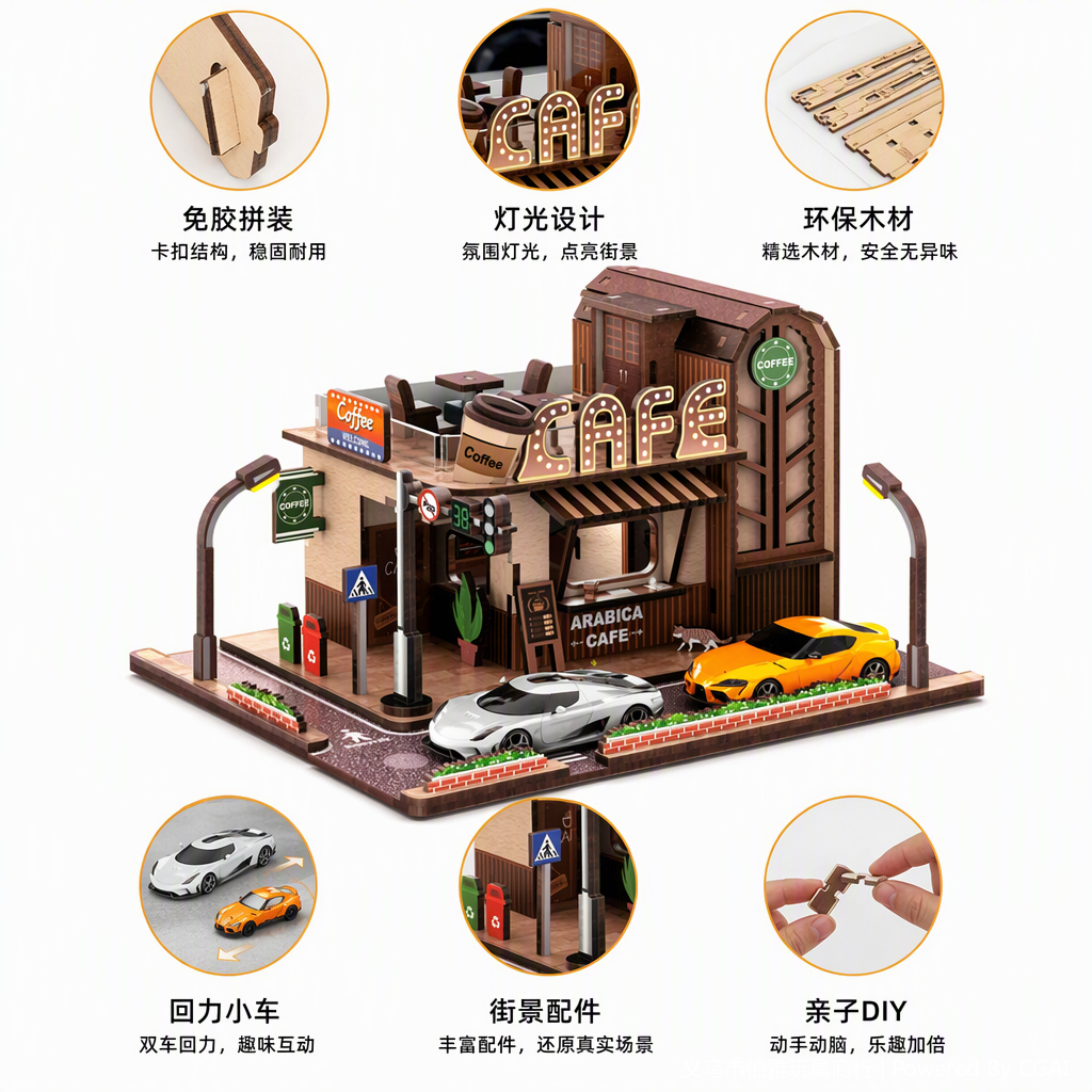 Creative handcrafted wooden assembly miniature scene model coffee shop decorative items, fun and creative gifts