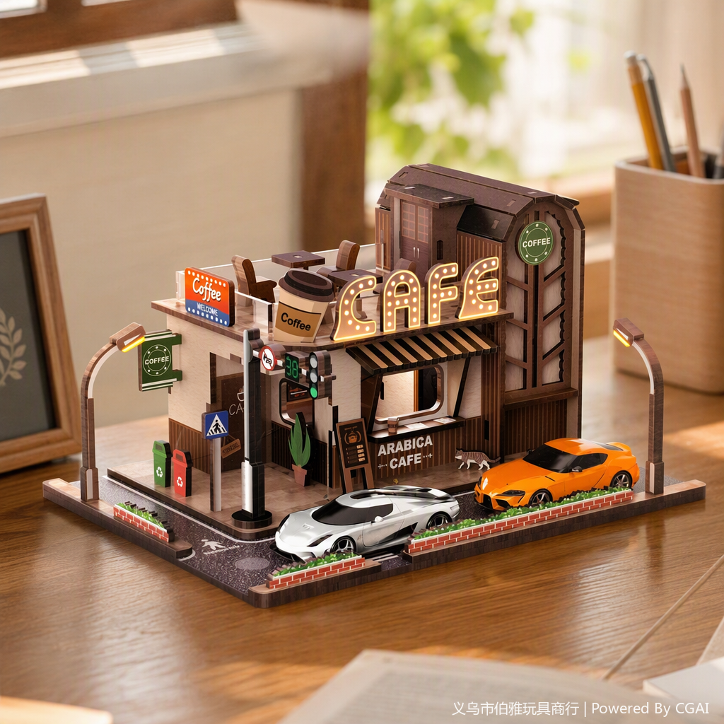 Creative handcrafted wooden assembly miniature scene model coffee shop decorative items, fun and creative gifts details Picture
