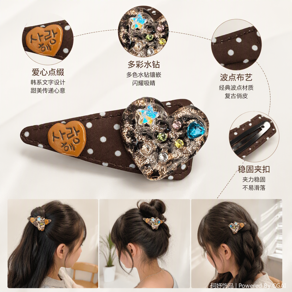 Fashionable brown polka dot hair clips, heart-shaped decorative hair accessories, sweet and cute hair clips, headwear and accessories