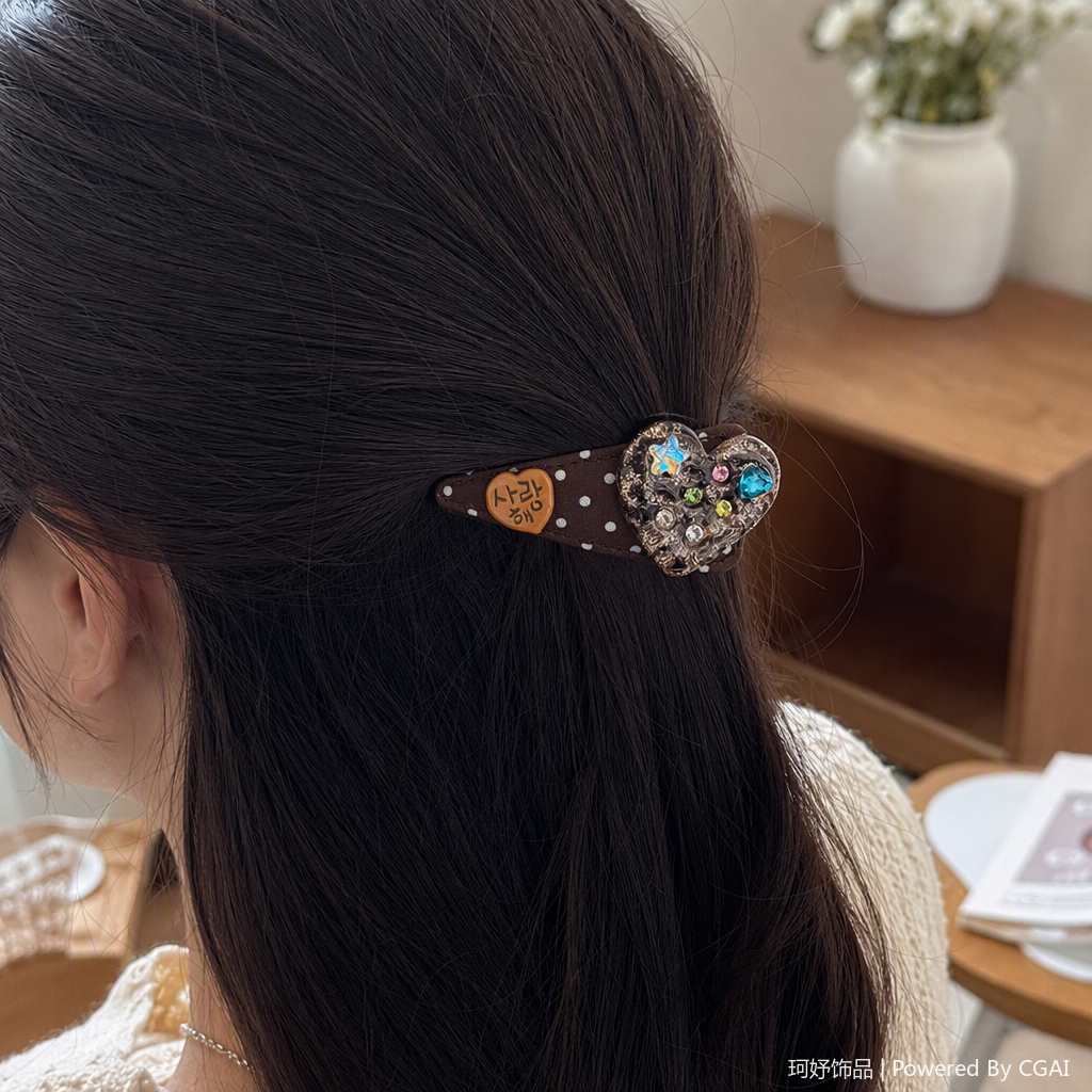 Fashionable brown polka dot hair clips, heart-shaped decorative hair accessories, sweet and cute hair clips, headwear and accessories details Picture