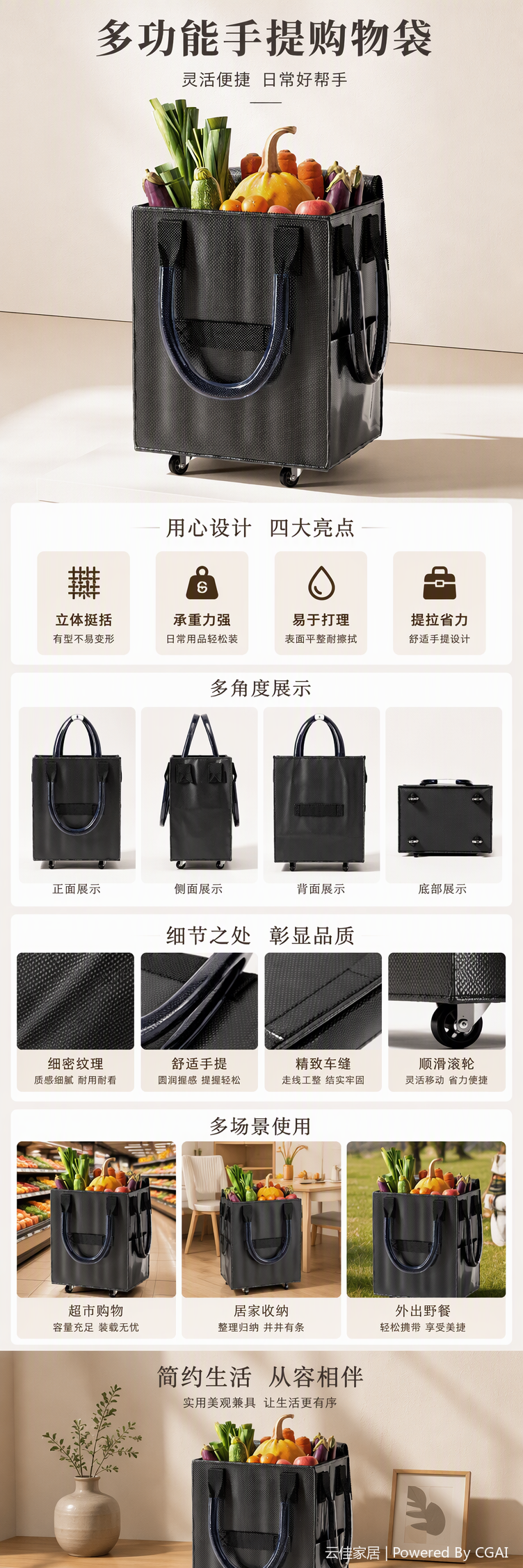 轮滑式购物袋长手提折叠收纳袋拖轮行李户外出差旅行购物拉车袋详情1