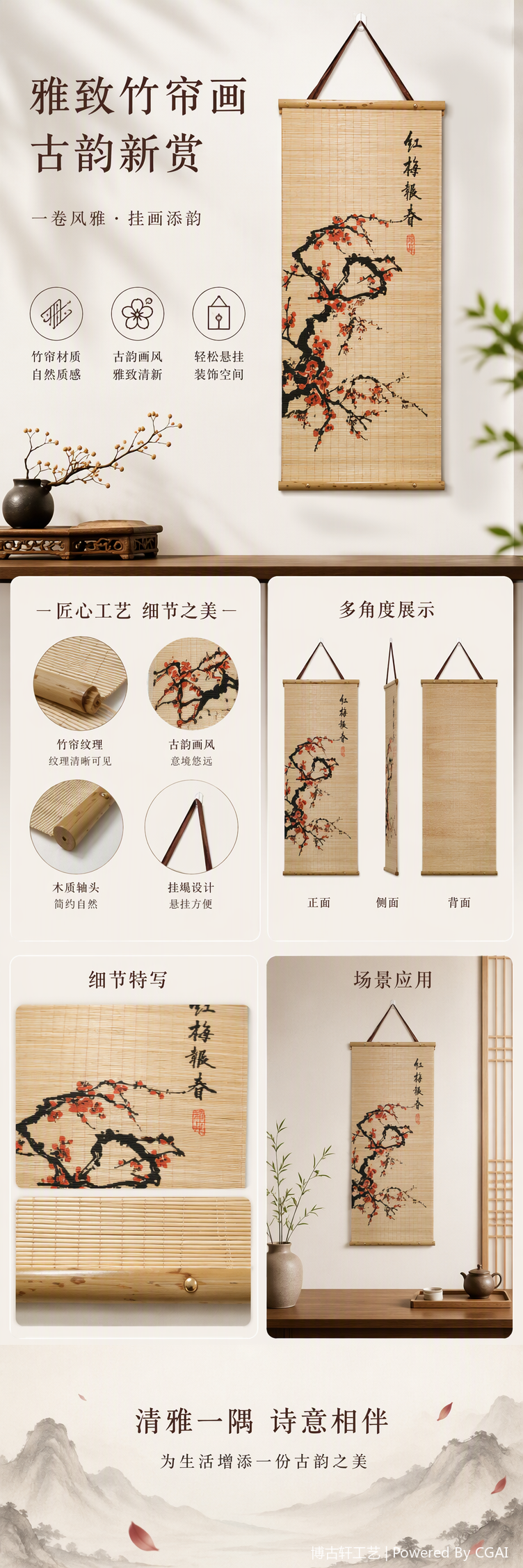 竹制卷轴挂画红梅枝干花朵书法印章春意盎然装饰品艺术挂饰详情1