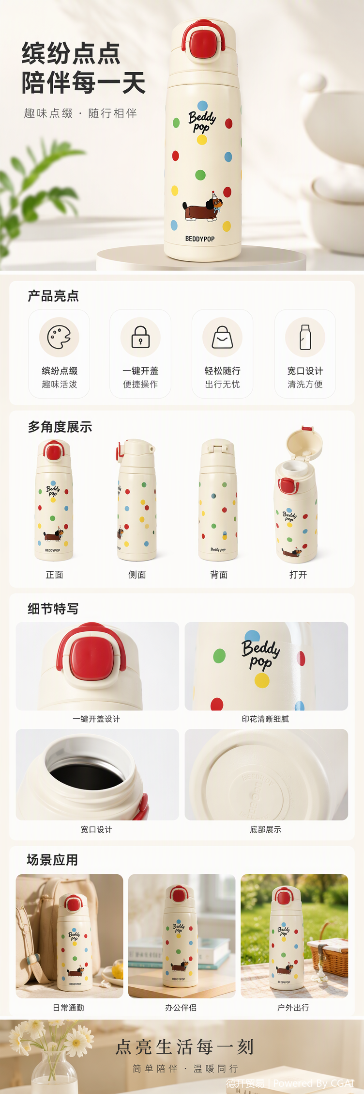 Cute puppy, colorful polka dot insulated cup, white stainless steel portable warm water cup for students as a gift pic 1