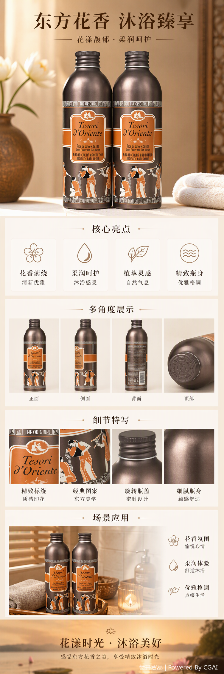 تيسوري دي أوريينتي، من الطراز اليوناني القديم، حمّام معطر، قوارير بنية، رطبة، رطبة، محلول الاستحمام، فيور دي لوتو دي كاريتي pic 1