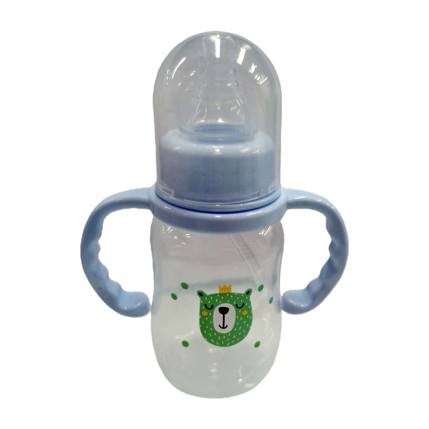 Blue double-handled baby bottle with green crown bear pattern, anti-drop and durable baby product, with straw, automatic handle, pp material 150ml Item Picture