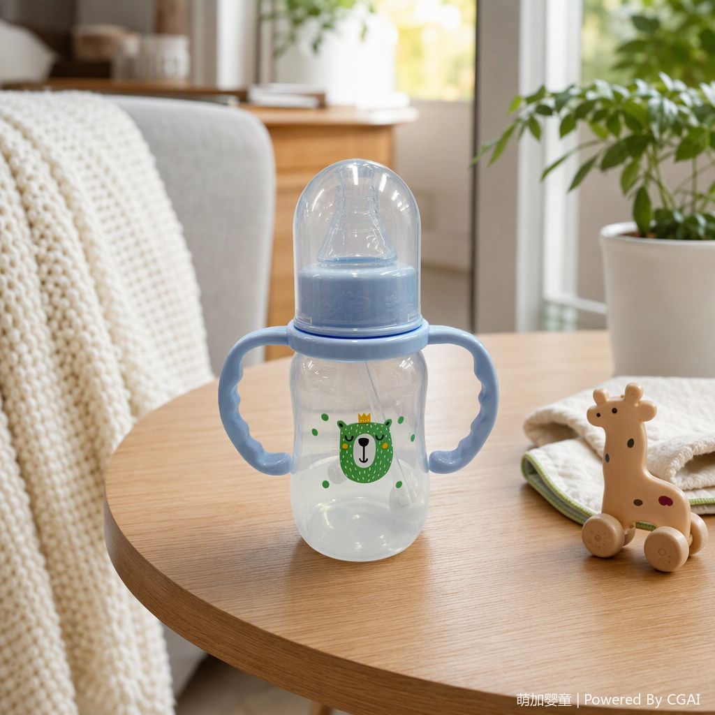 Blue double-handled baby bottle with green crown bear pattern, anti-drop and durable baby product, with straw, automatic handle, pp material 150ml details Picture
