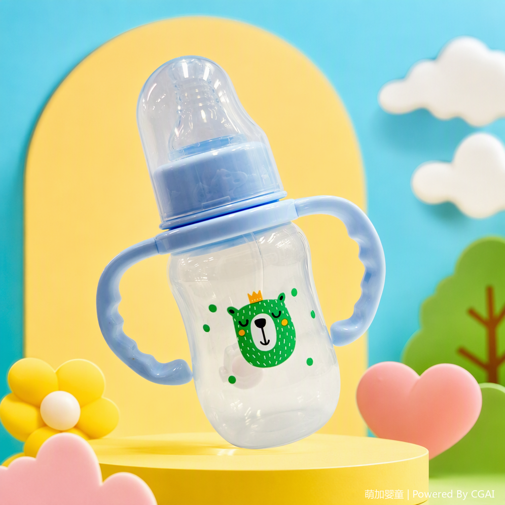 Blue double-handled baby bottle with green crown bear pattern, anti-drop and durable baby product, with straw, automatic handle, pp material 150ml Specification image