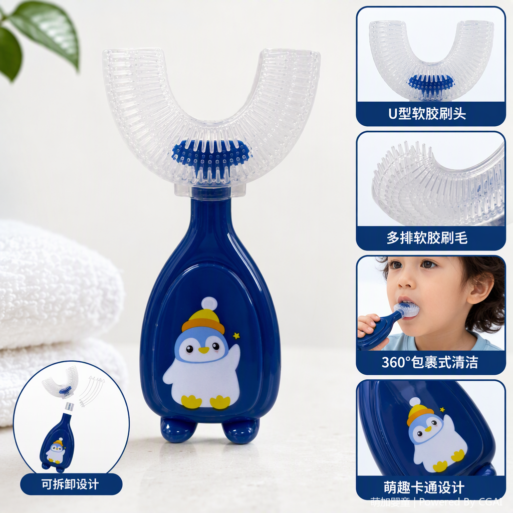 Cute blue penguin shape cepillo de dientes para niños cerdas suaves antibacteriano anti-moho bebé dental kit de regalo caja de regalo bebé bebé bebé gel de silicona seguro