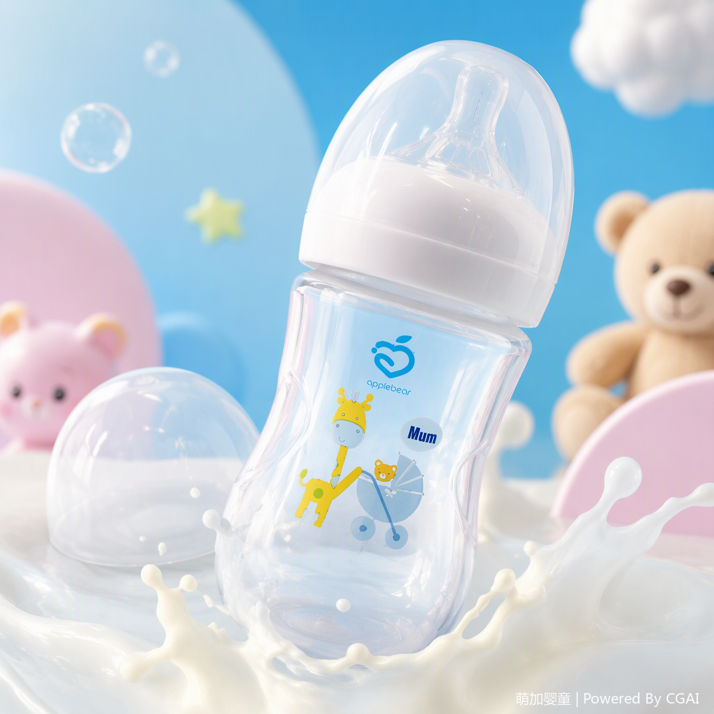 applebear transparent baby bottle, baby bottle, giraffe stroller, printed anti-drop with handle, safe baby product, pp material, 250ml Specification image