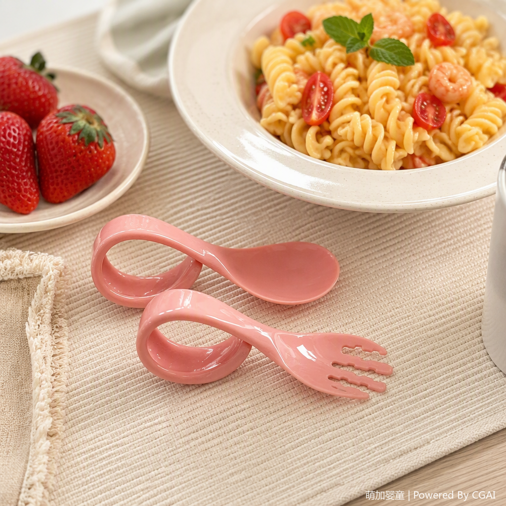 Colorful children's training fork and spoon set, safe and durable baby food tableware, toddler tableware, learning tools gift box, curved handle training fork and spoon set, auxiliary safety material details Picture