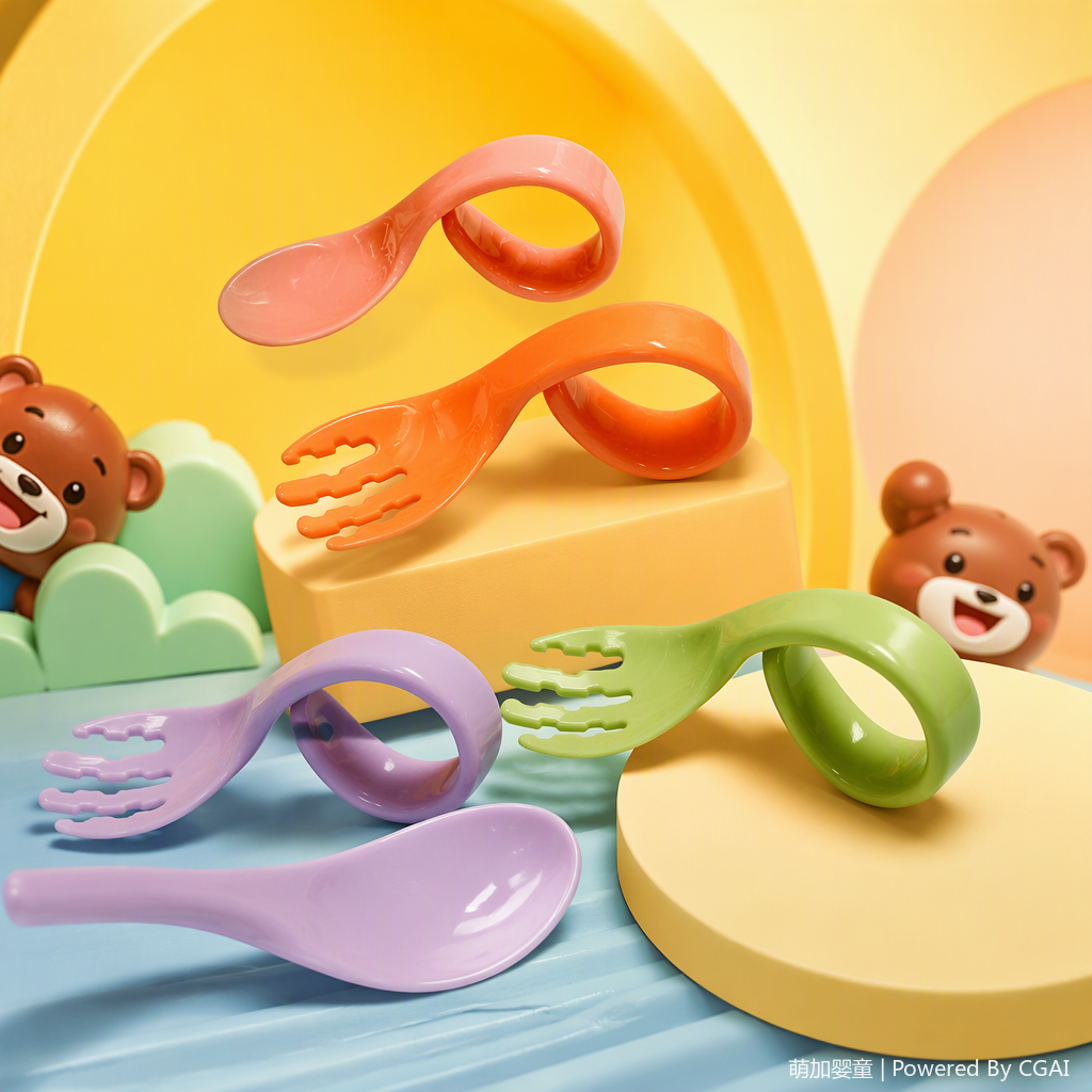 Colorful children's training fork and spoon set, safe and durable baby food tableware, toddler tableware, learning tools gift box, curved handle training fork and spoon set, auxiliary safety material Specification image