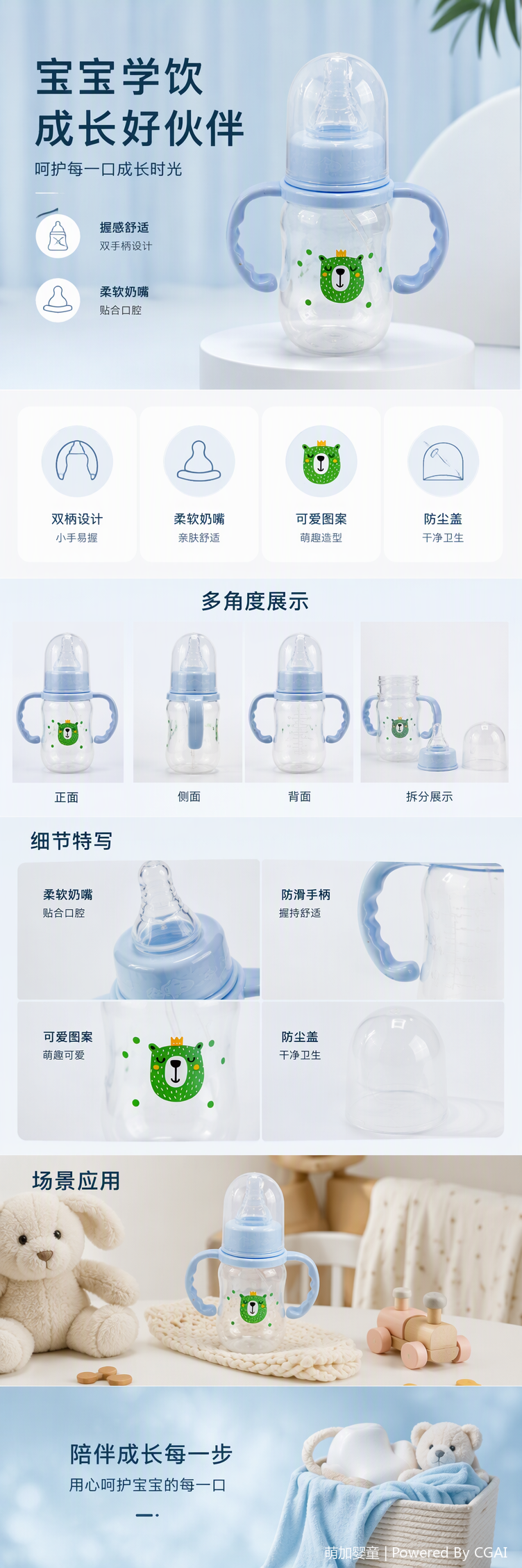 Blue double-handled baby bottle with green crown bear pattern, anti-drop and durable baby product, with straw, automatic handle, pp material 150ml pic 1