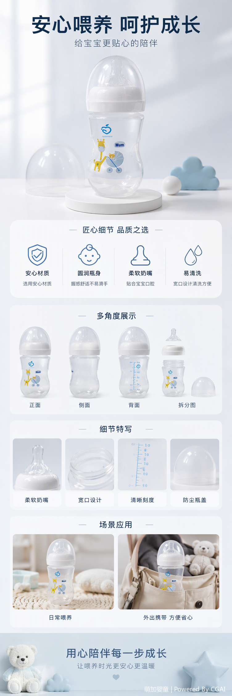 applebear transparent baby bottle, baby bottle, giraffe stroller, printed anti-drop with handle, safe baby product, pp material, 250ml pic 1