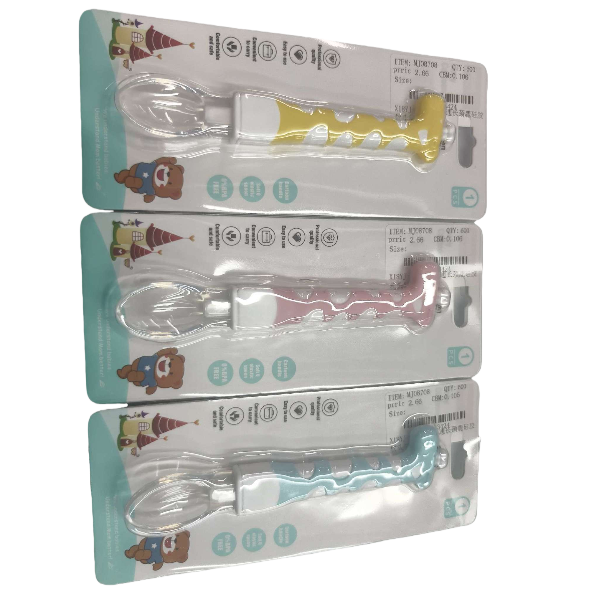 Colorful cartoon baby food spoon, children's baby training feeding spoon, safe, non-toxic, cute style cartoon giraffe silicone soft head spoon Item Picture