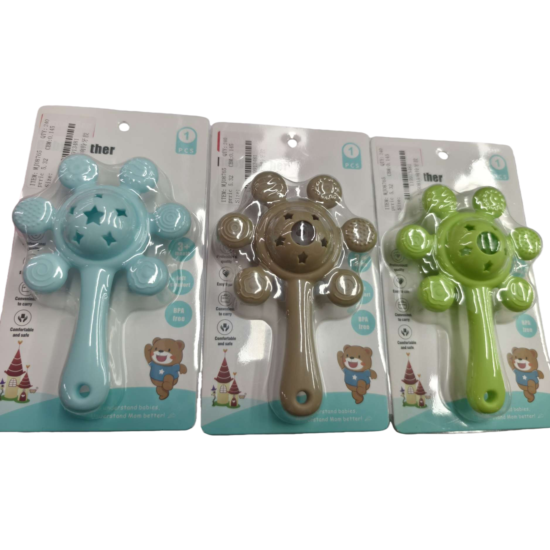 Colorido bebé toddard shaker bell oso diseño en forma de estrella hueco multitextura manija portátil juguete de bebé shaker bell bell gluer muellar palo campana Item Picture