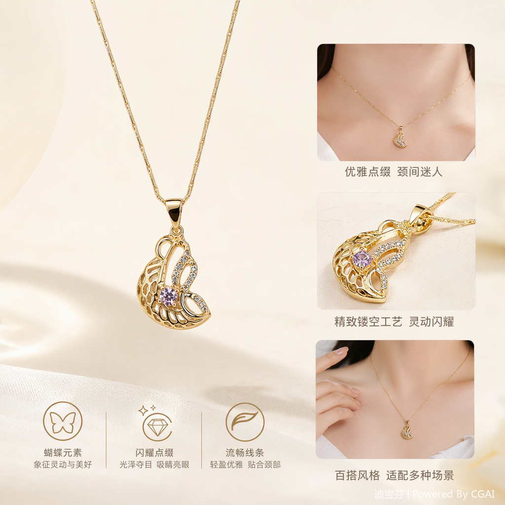A golden necklace set with purple transparent small diamond wings in a fashionable and versatile jewelry gift for your girlfriend