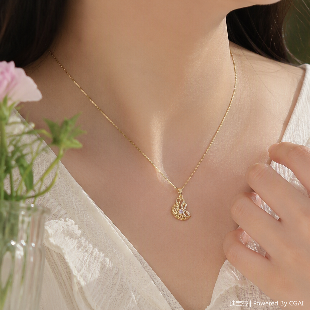 A golden necklace set with purple transparent small diamond wings in a fashionable and versatile jewelry gift for your girlfriend details Picture