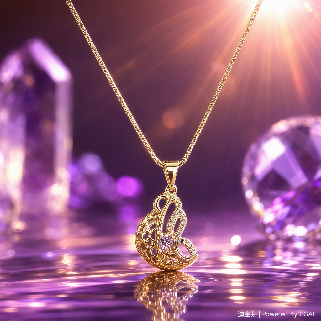 A golden necklace set with purple transparent small diamond wings in a fashionable and versatile jewelry gift for your girlfriend Specification image