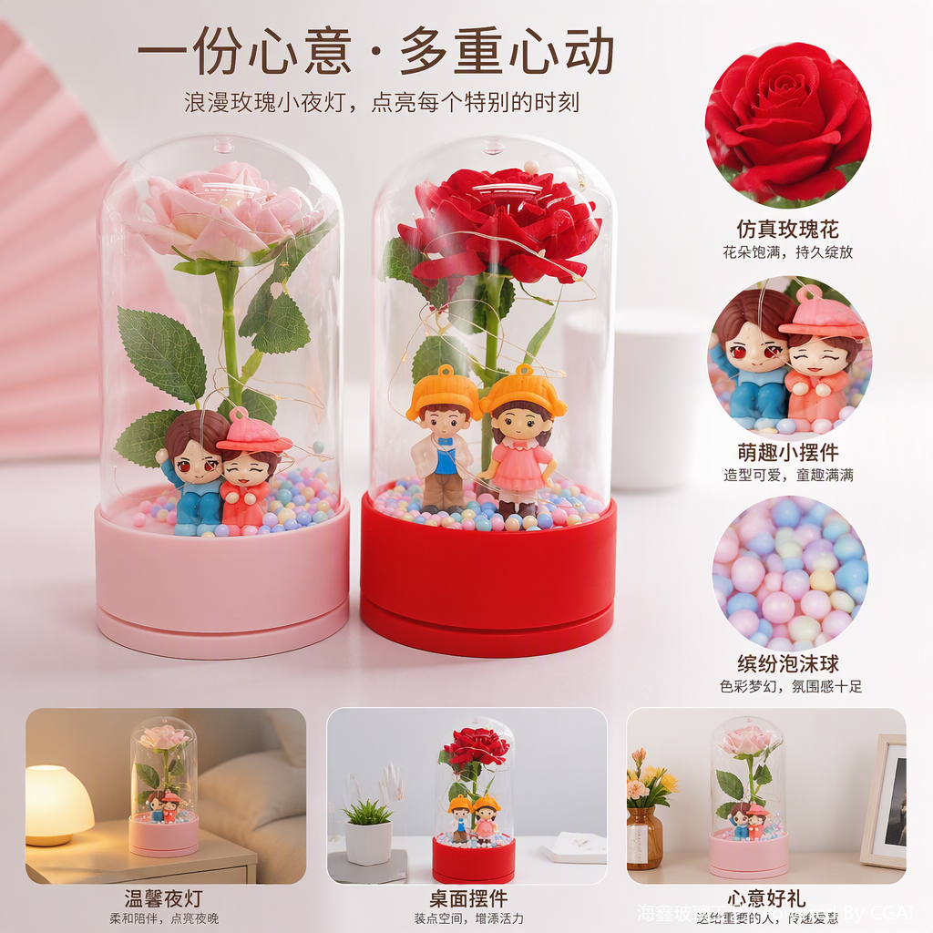 Romantic and creative couple ornaments with pink base and transparent cover. Couple gifts and decorations with red base and transparent cover